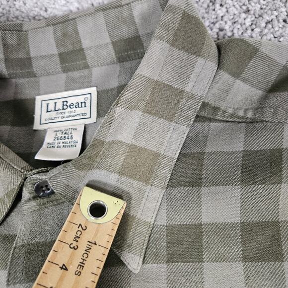 L.L. Bean Flannel Shirt Mens Large Tall LT Green Check Plaid Button Up Work - Picture 9 of 12